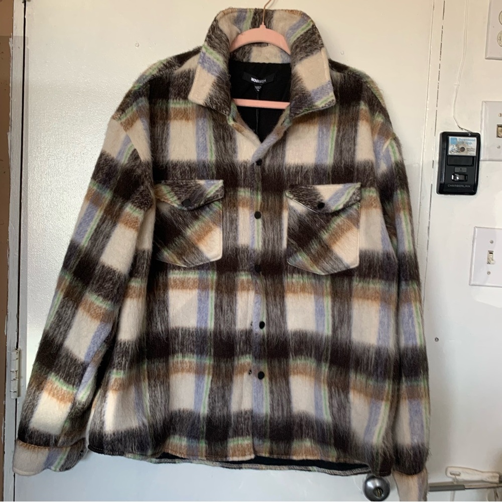 Casual Plaid Button-Down Shirt Jacket - Cream, Brown & Green